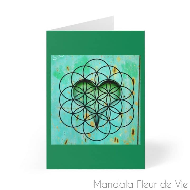 cartes coeur fleur de vie fond vert 8 pcs 41 x 58 mandala fleur de vie